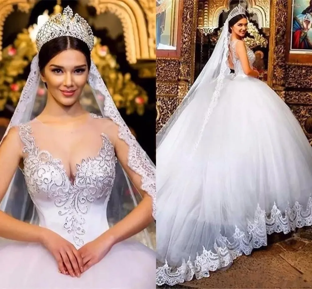 2020 vestido de baile vestidos de casamento sheer neck rendas apliques cristal oco volta tribunal trem volta plus size vestidos de noiva