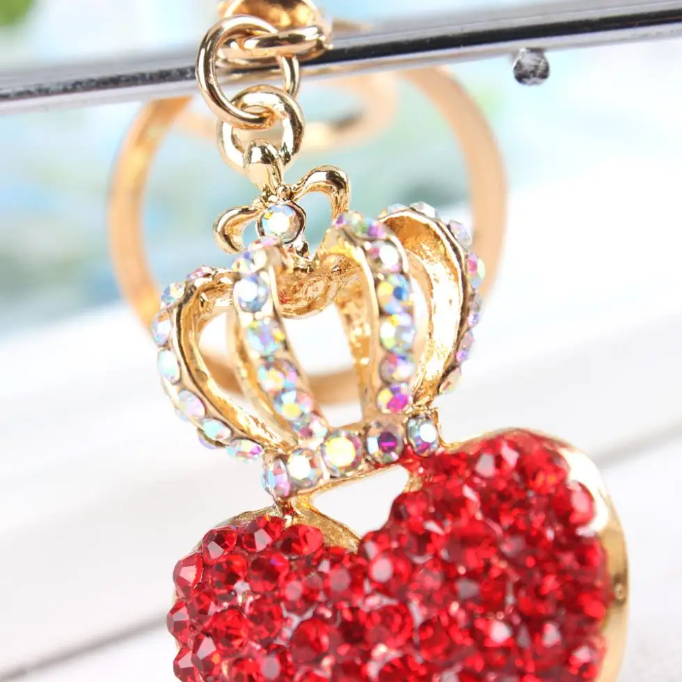 Lovely Crown Red Heart Keyring Cute Rhinestone Crystal Charm Pendant Key Bag Chain Women Jewelry Birthday Party Gift