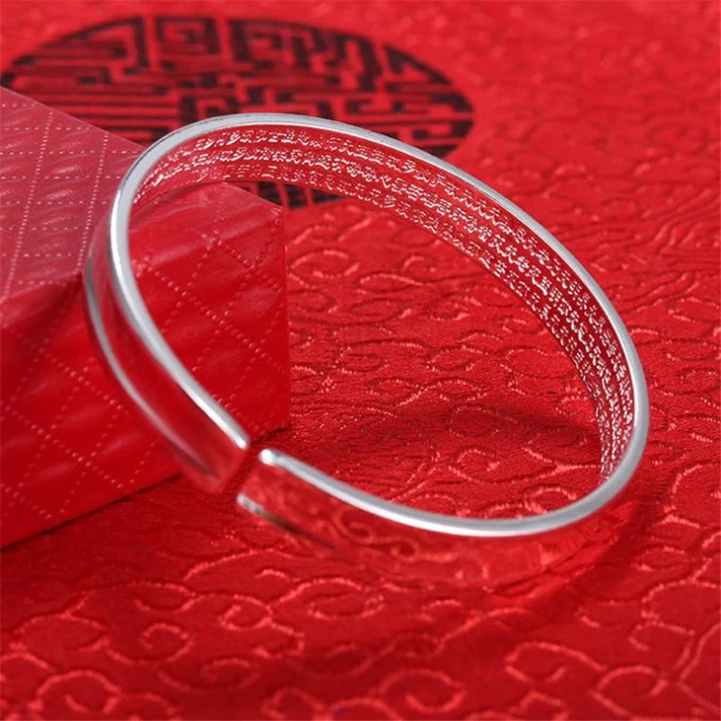 KOFSAC New Thai Silver Heart Sutra Bangles Tibetan Buddhism Six Word Mantra Bracelets For Women Open Bangle Lady Jewelry Gifts