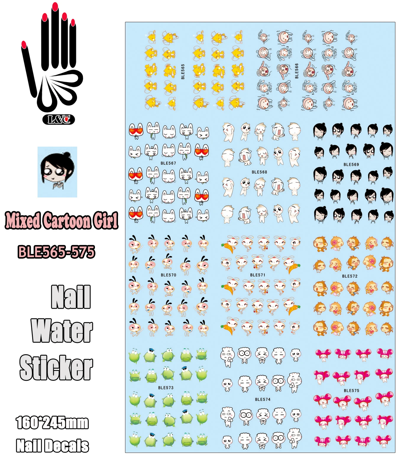 

11 Sheets/Lot Water Nail BLE565-575 Mixed Cartoon and Girl Nail Art Water Sticker Decals for Nail Beauty(11 DESIGNS IN 1)