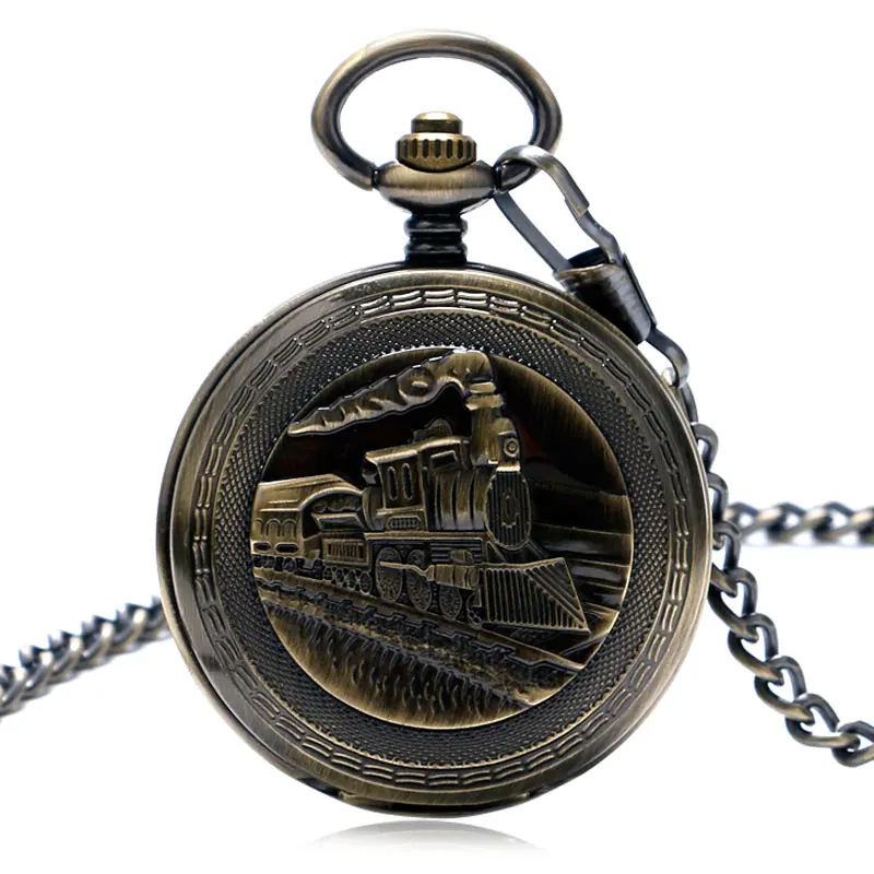 Orologio da tasca Vintage Double Hunter FOB Steampunk Running Steam Train ciondolo da donna meccanico a mano vento classico catena da uomo P1034C