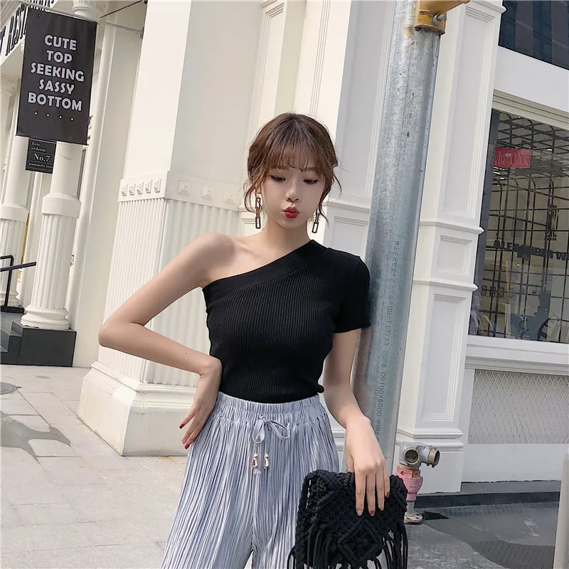 Summer Women's Off-shoulder Knitted T-shirt Girls Stretchy Solid Sexy Cropped T shirts Tees Knitwear For Female