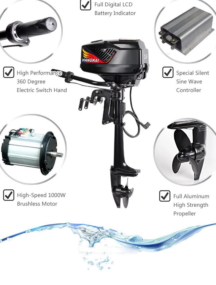 Updated  New HANGKAI 5HP Brushless Electric Boat Outboard Motor with 48V 1200W Output Fishing Boat Engine