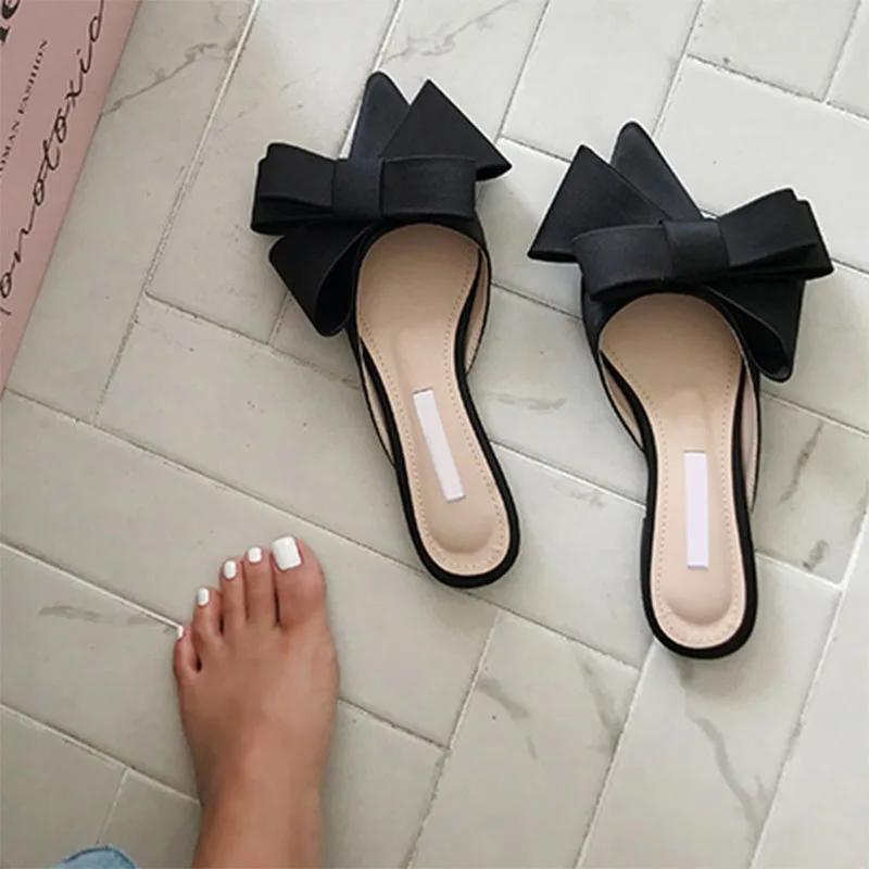 2019 spring and summer women\'s shoes Korean silk satin Pointed bow tie slippers Baotou flat heel sets semi slippers