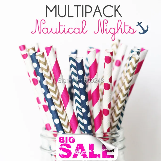 125 Pcs Mixed Colors NAUTICAL NIGHTS Pretty Party Paper Straws,Navy and Gold Chevron,Deep Blue Swiss Dot Vintage,Wedding Straws