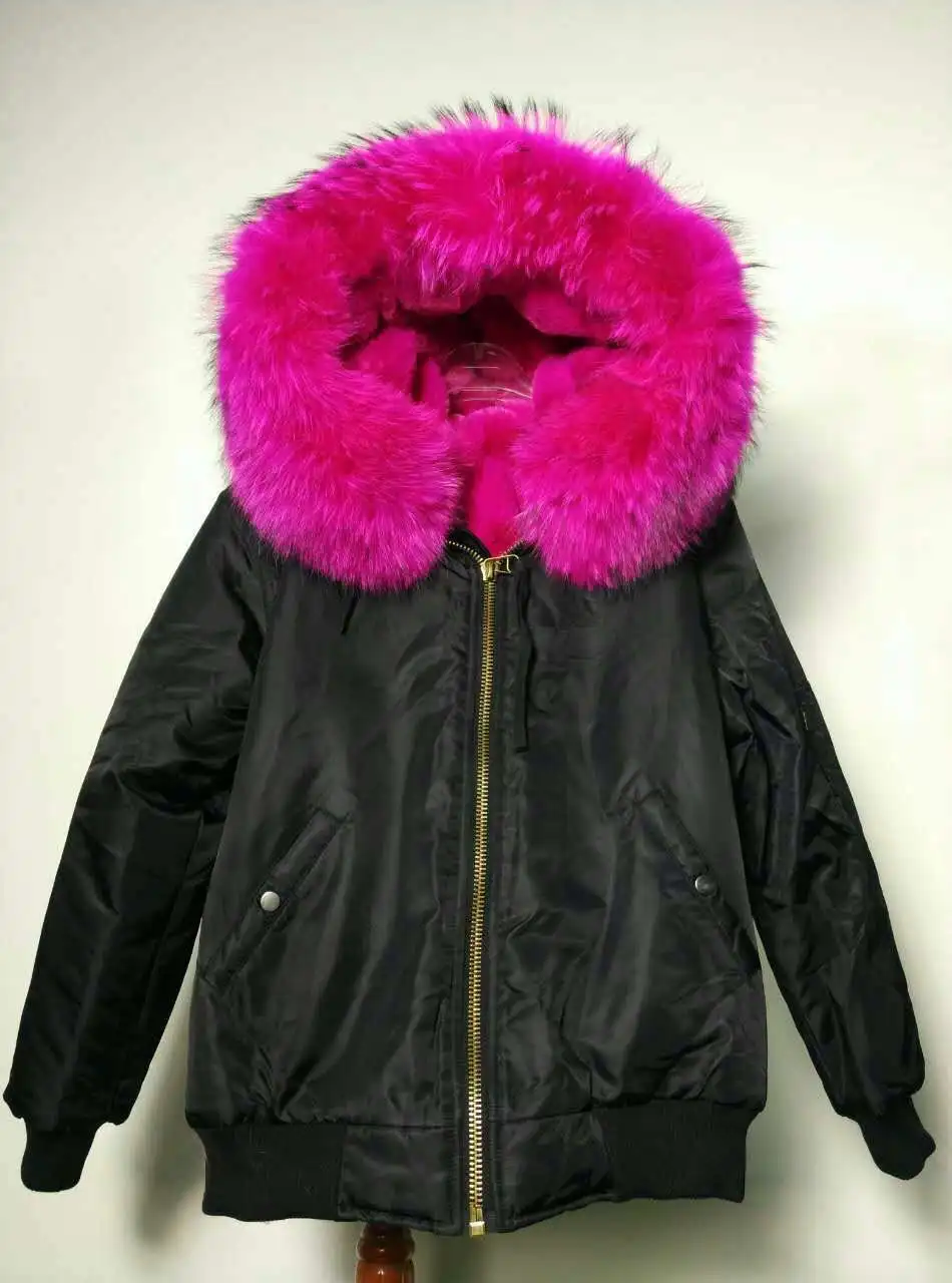 Hot Style Rose Red Faux Fur Lined Bomber Jacket For Women Winter Raccoon Fur Collar Trim Ladies Overcoat