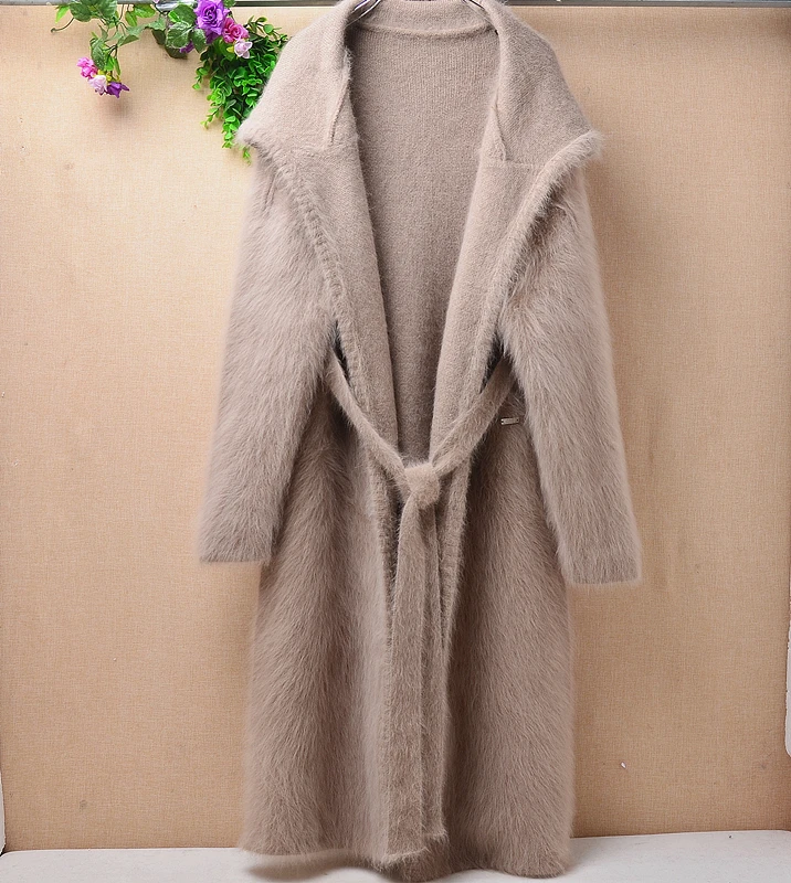 

Korea style long thicken warm fluffy real mink cashmere long cardigan lady Women loose angora fur sweater coat with belt winter