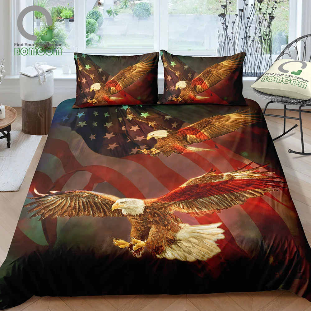 BOMCOM 3D Digital Printing Vintage BOHO Bohemia Dream Catcher Bald Eagle American Flag Blue Sky Bedding Set 100% Microfiber