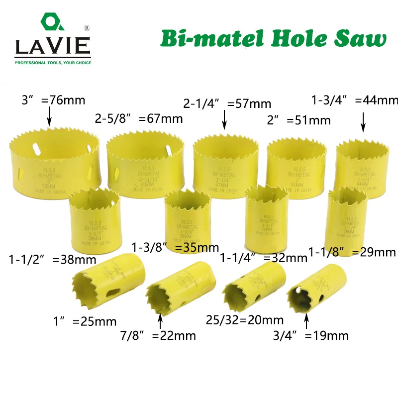 LAVIE 19pcs Bi Metal Hole Saw Cutter Kit Blade Drilling Tool Arbor Pilot Drill Set for Wood Metal Carpenter Plumber DB04037