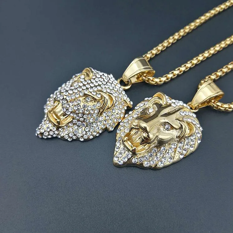 Golden Lion Head Crown King pendants A+++ zircon necklaces Men Women Hip Hop Charm Franco Chain Iced Out bling rock Jewelry Gift