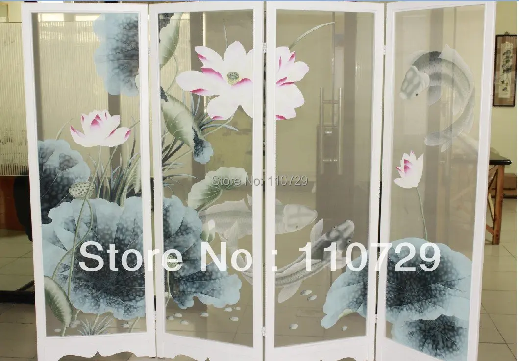 

Hand-painted silk painting lotus with fishes/birds for screen without frame hand painted many pictures and backgrounds optional