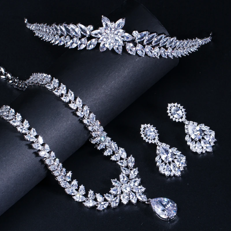 CWWZircons Luxury Wedding Party Hair Jewelry Accessories Cubic Zirconia Bridal Necklace Earring Tiaras and Crowns Sets T148