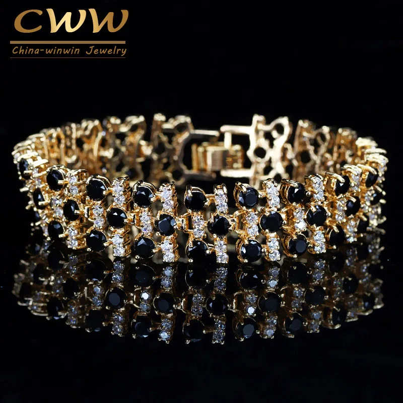 CWWZircons Brand African Nigerian Yellow Gold Plated Wedding Jewelry White and Black Big Cubic Zirconia Bracelet for Women CB191