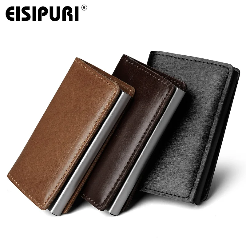 EISIPURI Men Blocking Rfid Wallet Mini Genuine Leather Business Aluminium Credit Card Holder Purse Automatic Pop Up Card Case