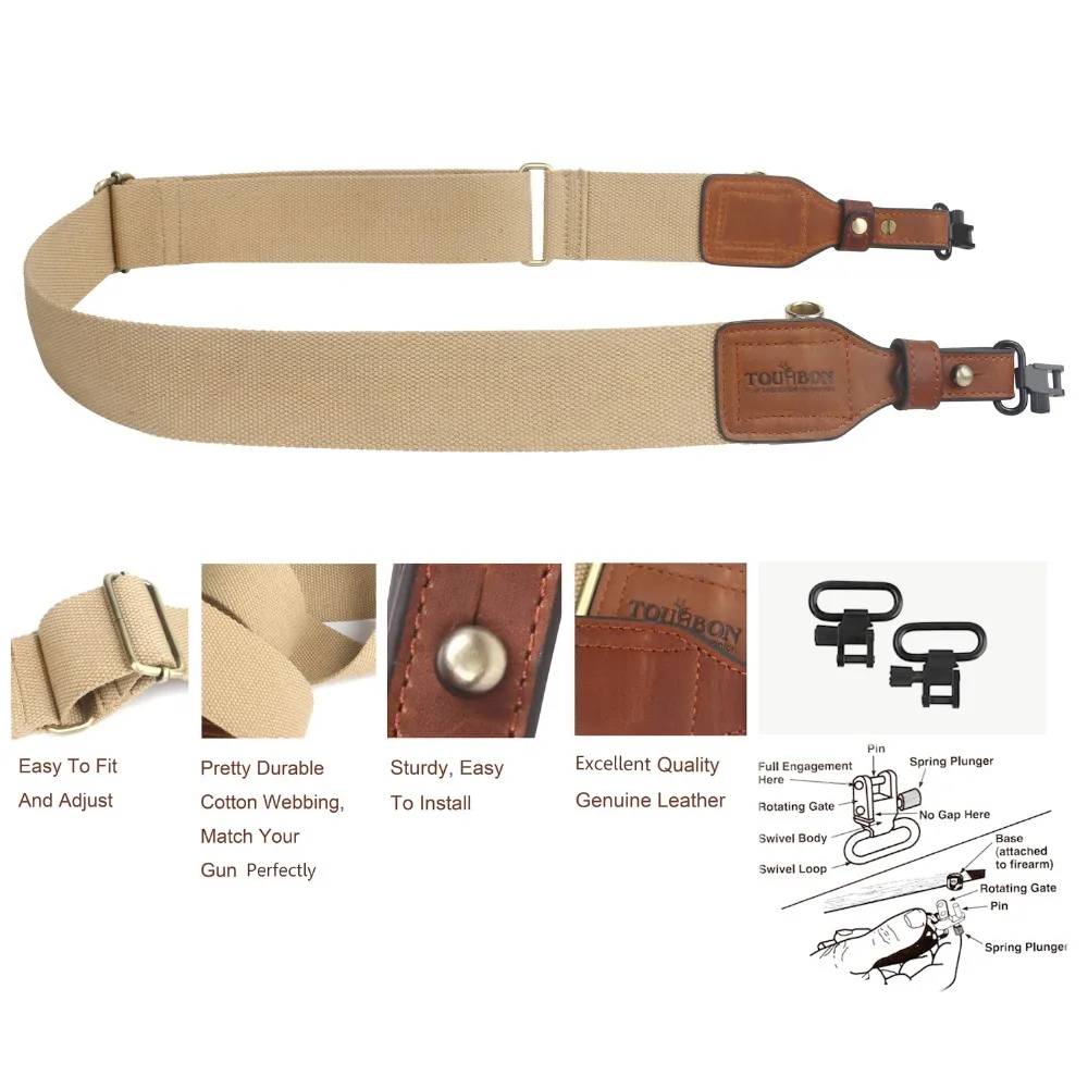 Tourbon Hunting Accessories Gun Sling Shoulder Strap Webbing & Leather Rifle Belt w/Swivels Brass Buckle(1 SET)