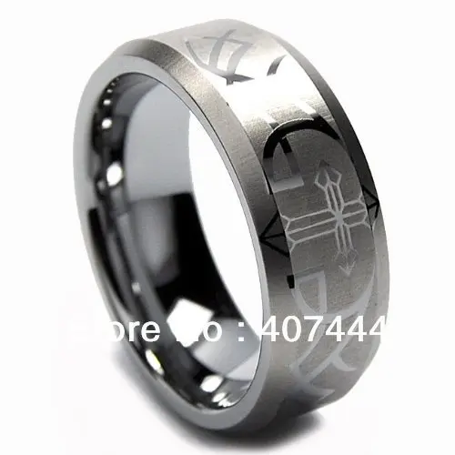 Free Shipping USA Hot Selling Unique 8MM Tungsten Wedding Band Ring Laser Etched Cross and Thorn Design Sizes 6 to 13