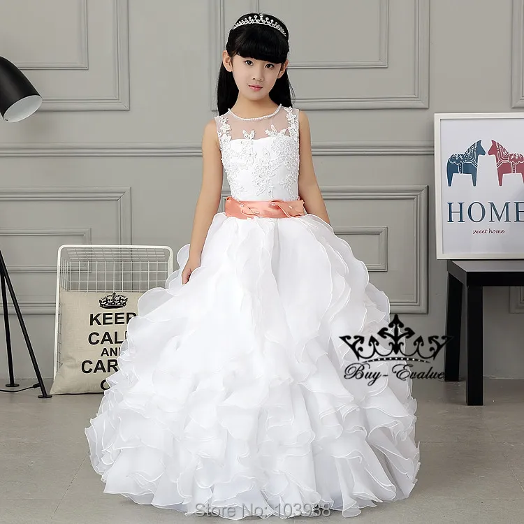 

Buyevalue 2-14 Years Lace Tulle Flower Girls Dresses Up White for Child Wedding Parti Bridesmai Maxi Ball Gown Communion Evening