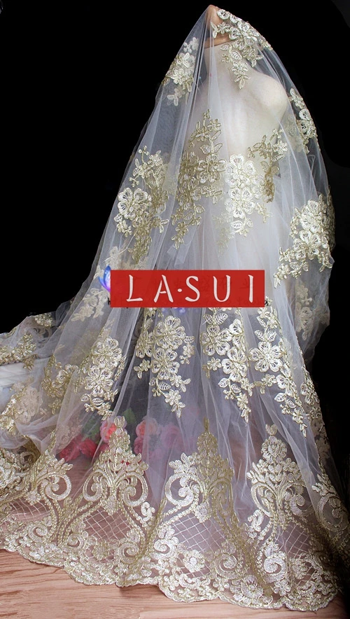 

LASUI Light golden car lace full of embroidery fabrics wedding accessories lace Gold thread flowers Retro dress lacework