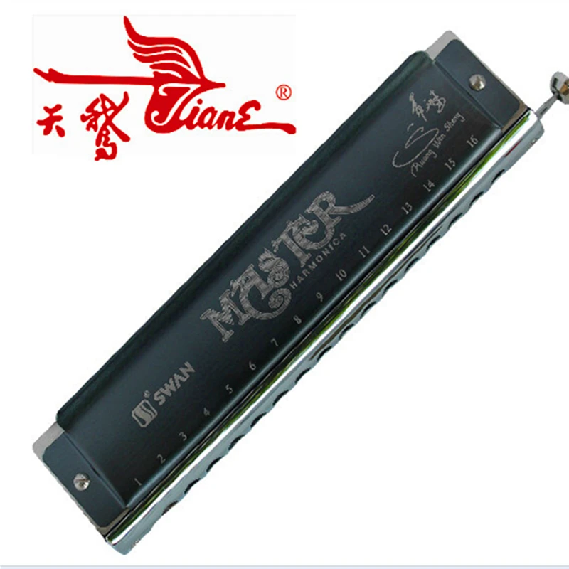 Swan Professional Chromatic Harmonica, 16 Holes, Black Color, Armonica a Bocca, 16 Hole, 64 Tone