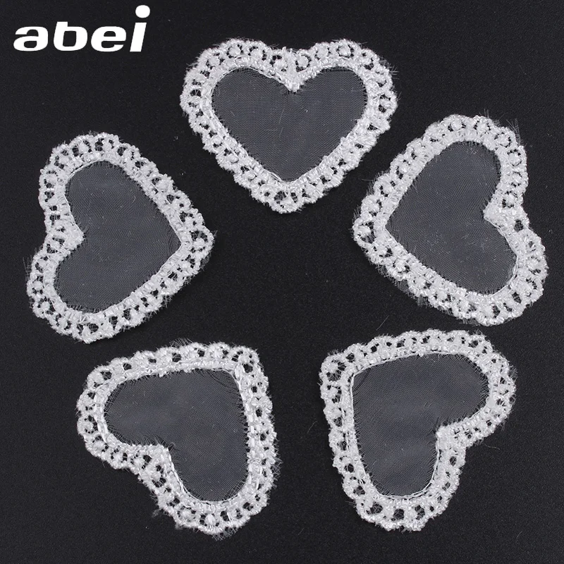 30pcs/lot Embroidered organza Heart Lace Appliques White lace fabric Wedding Dress Clothes Accessories