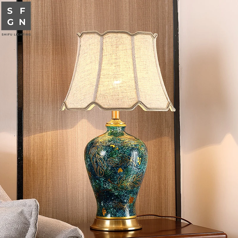 Copper table lamp American style for living room Jingdezhen ceramic lamp luxury Bedroom bedside lamp decorated led lamps