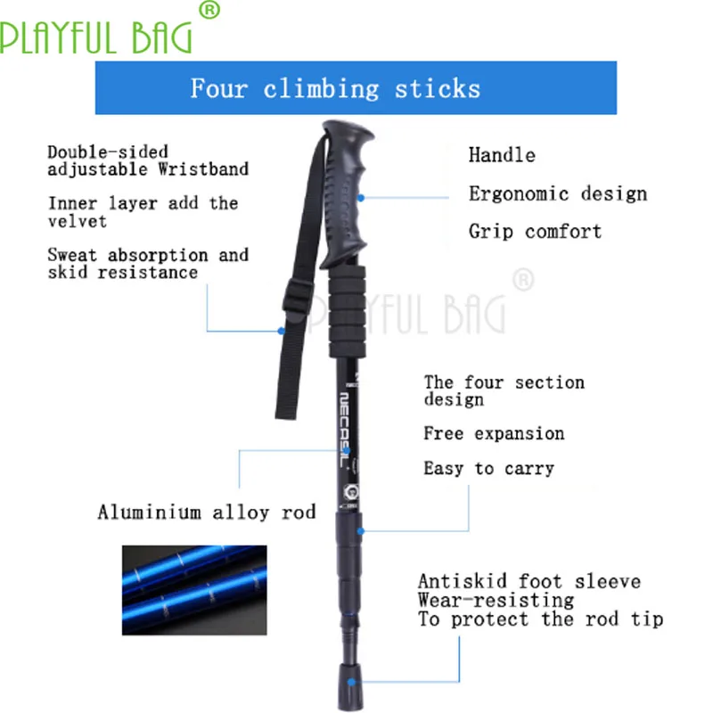 Aluminum alloy four-section straight-handled climbing stick with shock absorption and telescopic carbon steel pointed stick ZK05