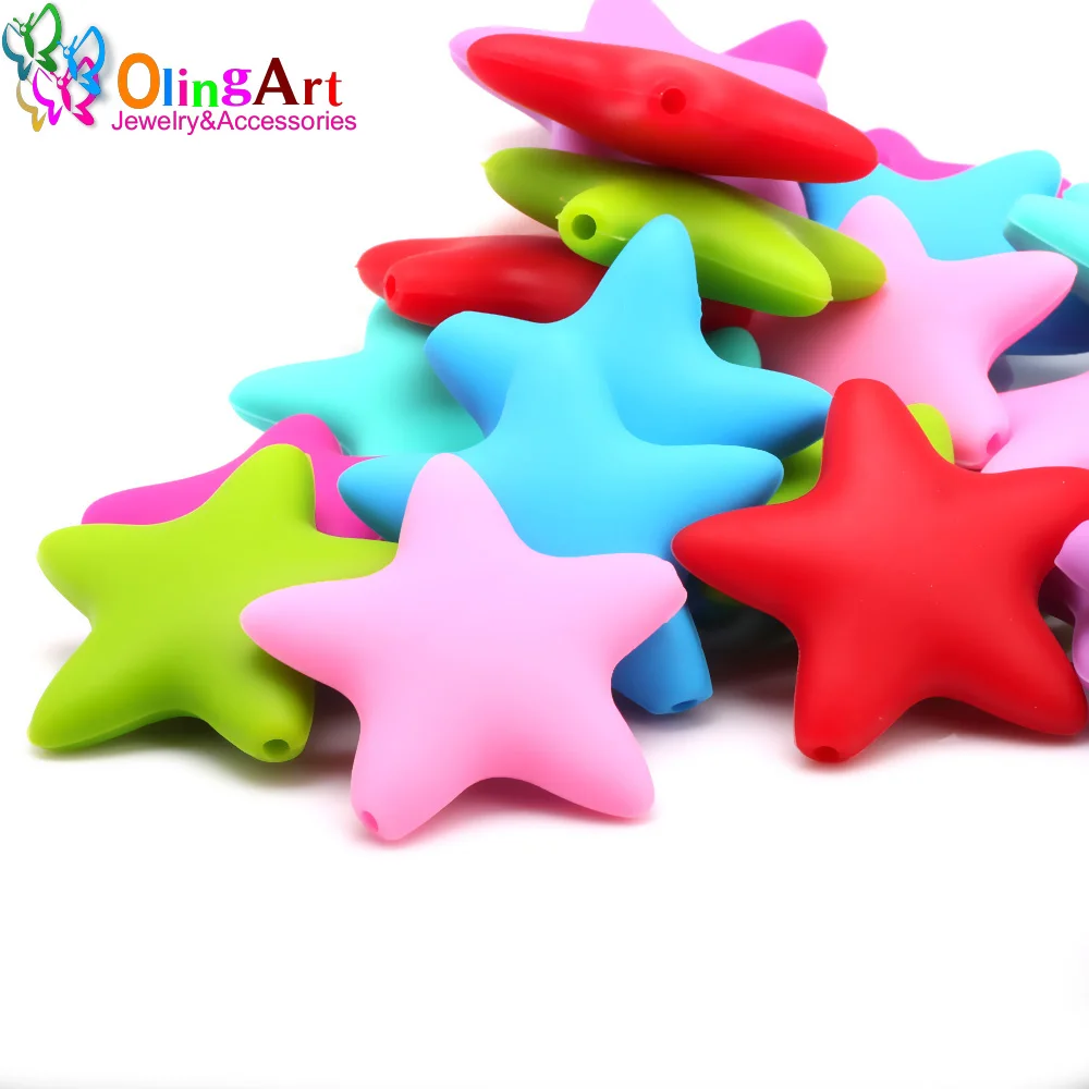 OlingArt 4pcs Natural Silicone Star Beads Baby Teether Chew Bead DIY Teething Necklace Jewelry Making Soother Chain Dental Gift