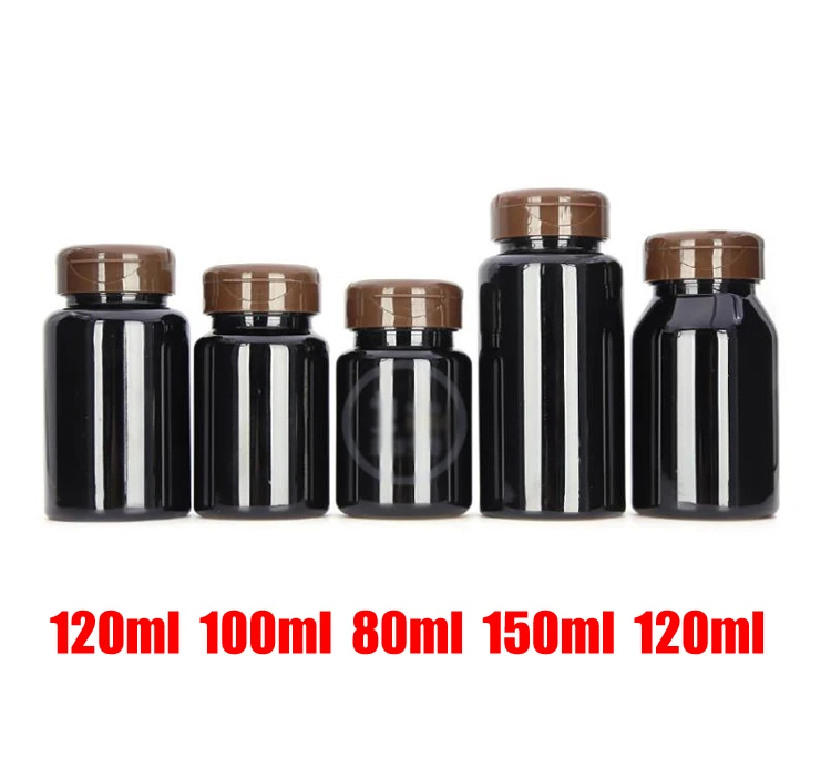 100pcs TOP Black PET Flip Bottles,Capsules/Pills/Powder/Vitamin Bottles with Brown Screw Cap -- 80ml/100ml/120ml/150ml