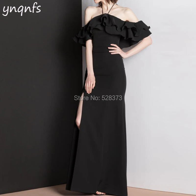 

YNQNFS ED158 Abendkleider 2018 Robe Soiree Vestido Fiesta Off Shoulder High Leg Slit Ruffles Bridesmaid Dresses Black 2019