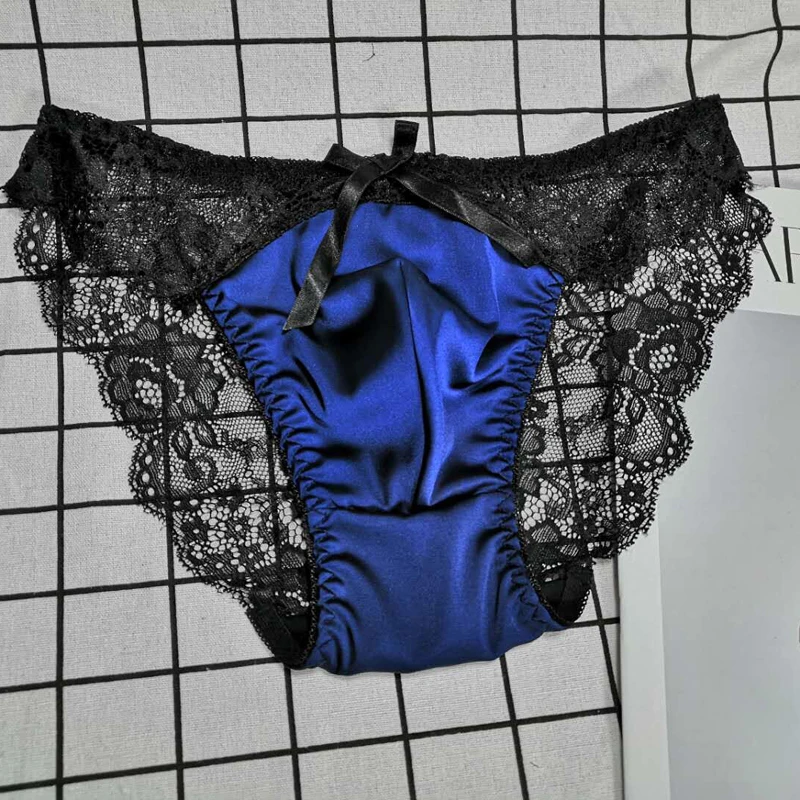Men Satin Underwear Sexy Sissy Panties Gay Men Shiny Soft Lace Lingerie Low Rise Stretchy Bikini Briefs sexy men underwear