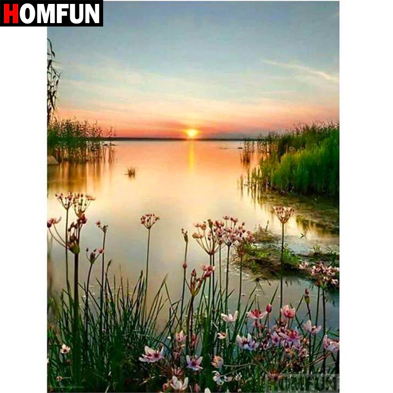 

HOMFUN Full Square/Round Drill 5D DIY Diamond Painting "Lake sunset" 3D Diamond Embroidery Cross Stitch Home Decor A18710