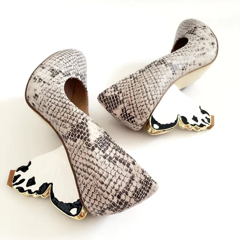 

Sexy Women Butterfly Heels Python Leather Pumps Pointed Toe Mujer Zapatos Slip On Abnormal Snakeskin High Heels for Ladies