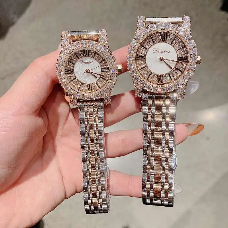 2019 Fashion Top Brand Luxury Fully Diamond Women Watches Quartz Waterproof Stainless Steel Roman Face Wrist Watches For Women