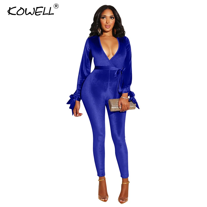 2019 Pleuche deep v neck backless jumpsuit Women winter long sleeve high waist jumpsuit Elegant sexy jumpsuits rompers spring