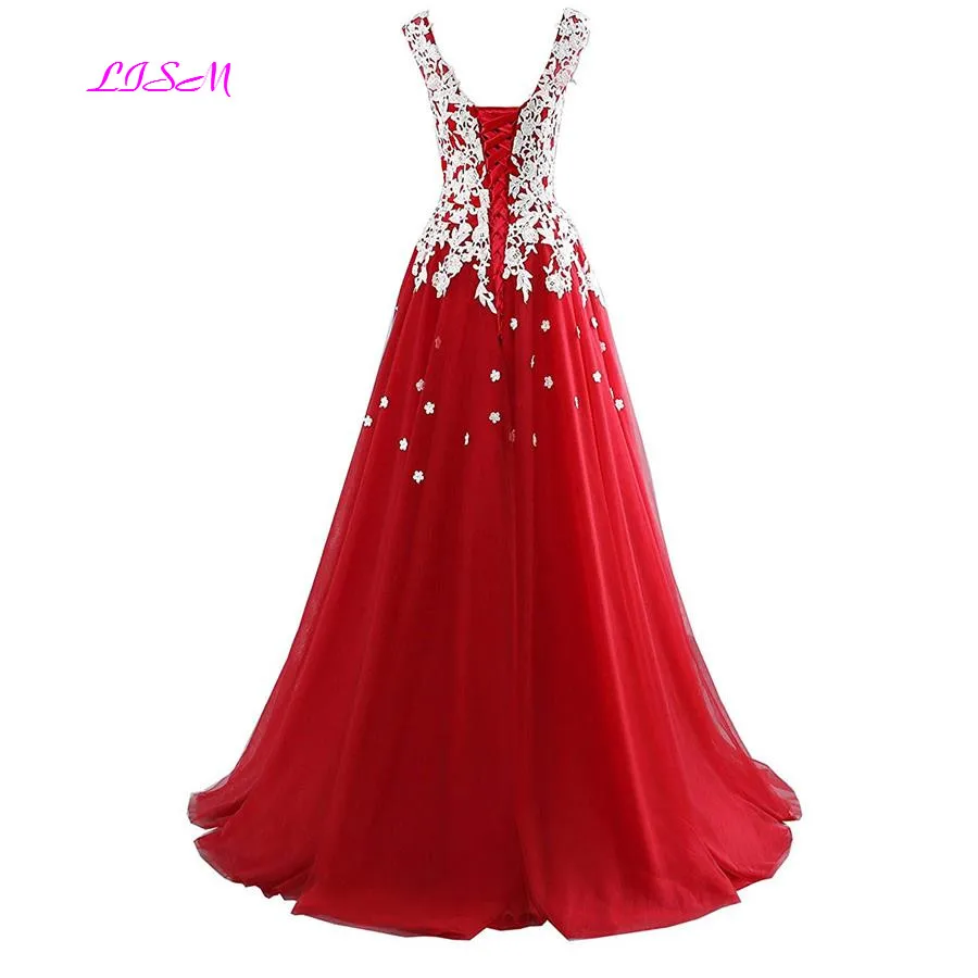 V-Neck Long Red Prom Dresses 2022 Sweet White Appliques Princess Dress Tulle 3d Flowers Evening Gowns Wedding Party Dress