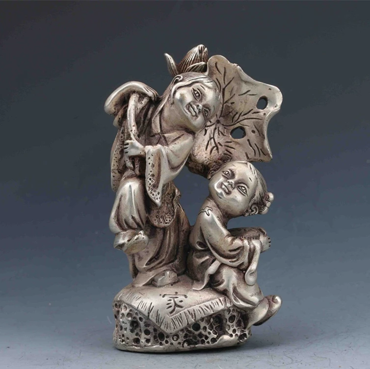 

Chinese Silver family harmony of children Statue Miao Silver Handwork Carved Girls&Lotus metal handicraft home decoration