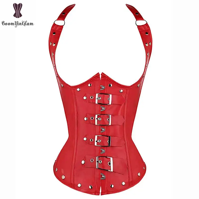 

Faux Leather Steampunk Corset Sexy Women Everyday Outwear Front Buckle Closure Rivet Underbust Shoulder Strap Corselet Bustier