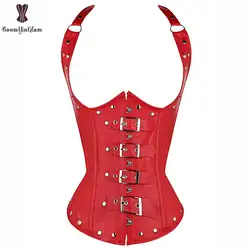 Faux Leather Steampunk Corset Sexy Vrouwen Alledaagse Uitloper Front Buckle Sluiting Rivet Underbust Schouderriem Korset Bustier