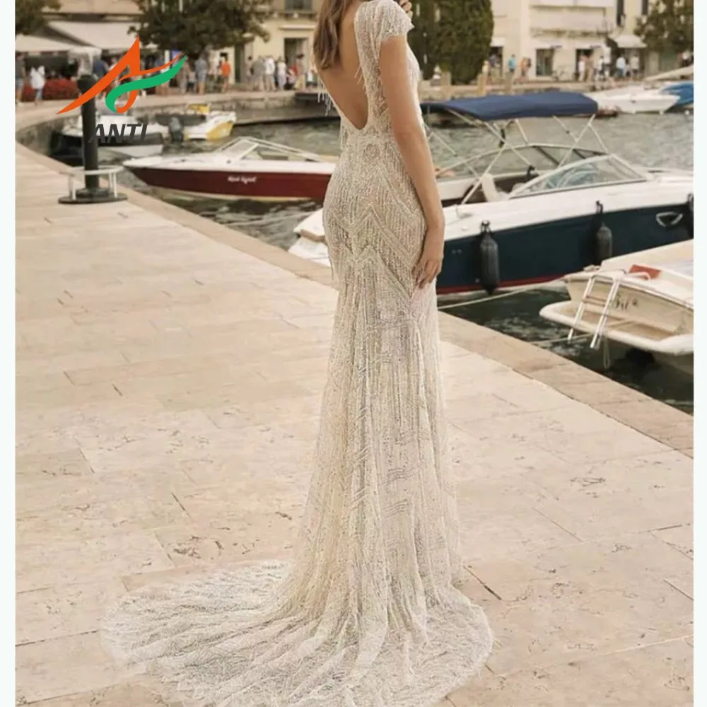 ANTI Dubai Elegant Silver Short Cap Latest Evening Dress Designs 2019 Backless V-Neck Beading Crystal Woman Long Robe De Soiree