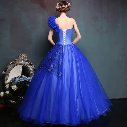 royal blue flower beading bowknot ruffle court ball gown medieval dress Renaissance queen Victorian cosplay ball gown Belle Ball