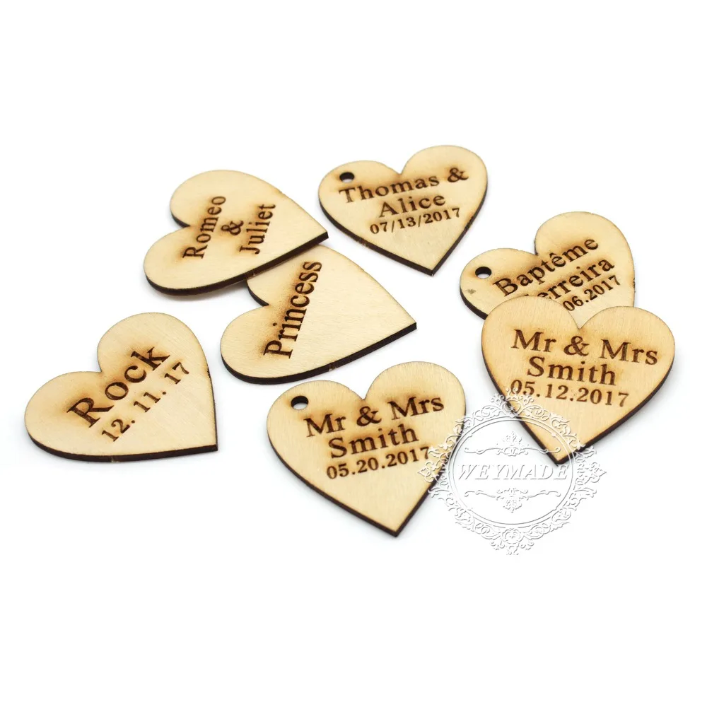 50 * Personalised Custom Rustic Wedding Wine Charm Wood Heart Label Party Favors Gift Tag Wooden Wedding Wish Tree Decor