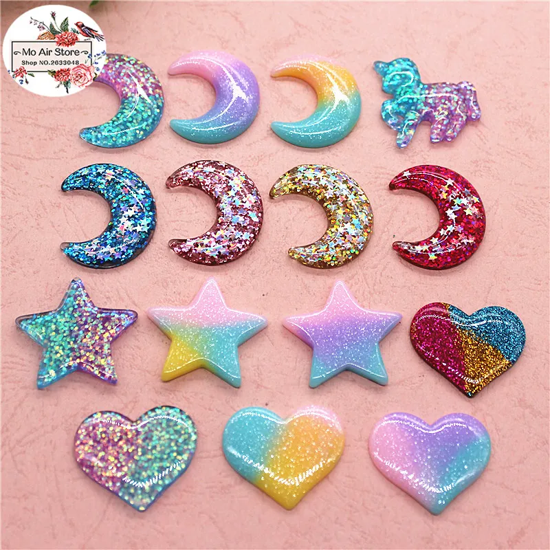 

10pcs/20pcs star/unicorn/heart/Crescent Bright powder shiny Resin Flackback Cabochon Art Supply Decoration Charm Craft