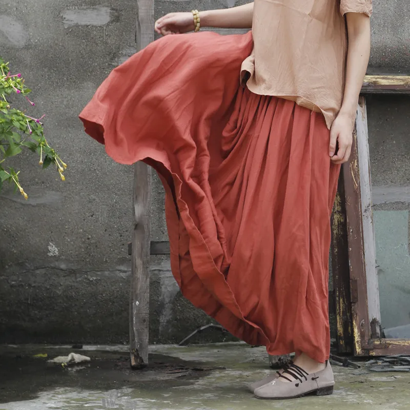 Johnature Original Ladies Skirts Cotton Summer New Elastic Waist Loose Pleated Solid Ankle Length Casual Style