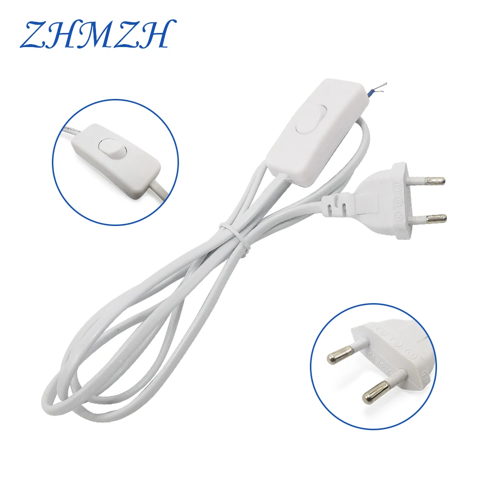 AC Power Cord 1.8m on-off Switch Plug Wire Two-pin EU Plug Cable Extension Cords US Type Adapter Black White Line For LED lamp