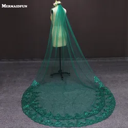 Voile de Mariage Vert Personnalisé en Dentelle à Paillettes Scintillantes à un Niveau, Beaux Accessoires avec Peigne, pour Patients