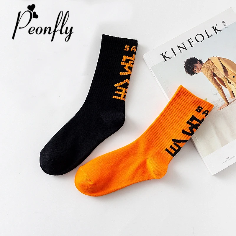 PEONFLY Original Design Chinese Characters Street Skateboard printed cotton SockS Women Motion SockS comfortable casual Socks