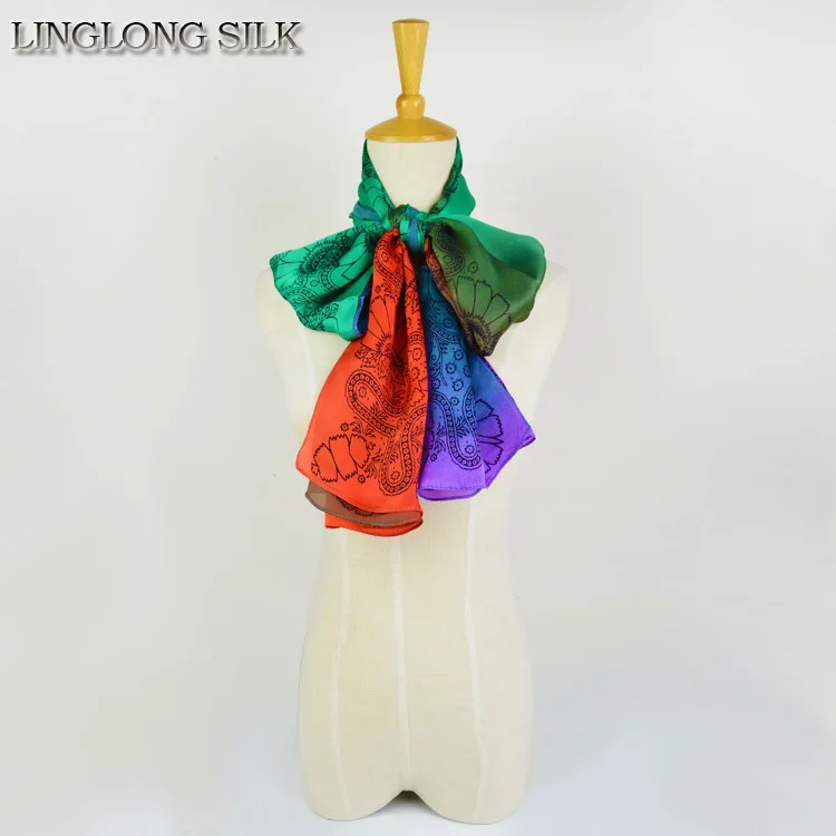 

100% Silk Georgette Satin Scarf 65cm*175cm Natural Silk Scarves New Desigual Autumn Shirt Scarf Colorful Printed Pattern