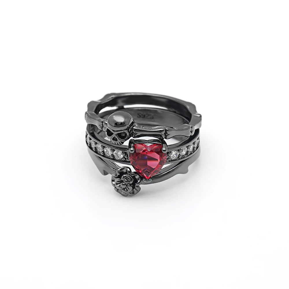 Gothic Skull Finger Silver Color Wedding Rings Set for Women Girl Red Heart Crystal CZ Rose Flower Trendy Jewelry Gift Rings
