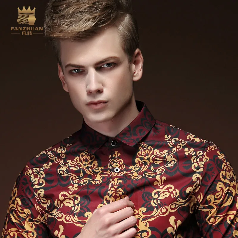 Fanzhuan Free Shipping New fashion palace casual spring flower men male red personality long sleeved printed shirt blouse 15227