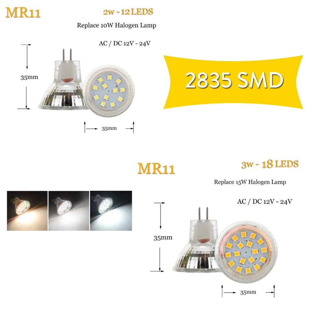 MR11 Lamp Bulb DC 12V 24V 2W 3W 2835 SMD Led Spotlight Lights Replace 15W 20W Halogen Spotlight Warm/Nautral/Cold White